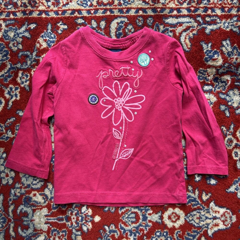 Vintage 2000 Y2K OshKosh Bgosh Girls Floral Graphic Glitter Shirt Pink Size 2T